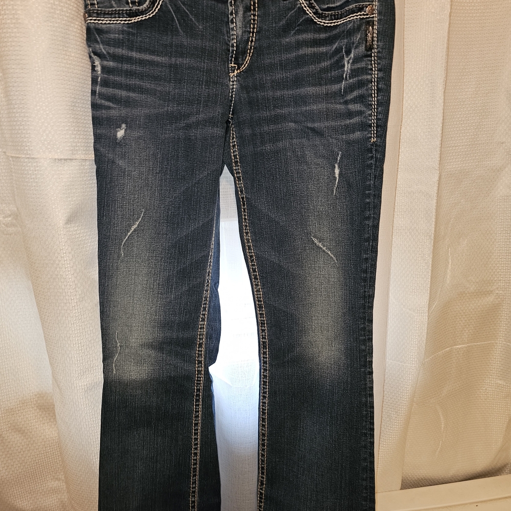 Silver Jeans Women's Boot Cut Dark Blue Distressed Denim